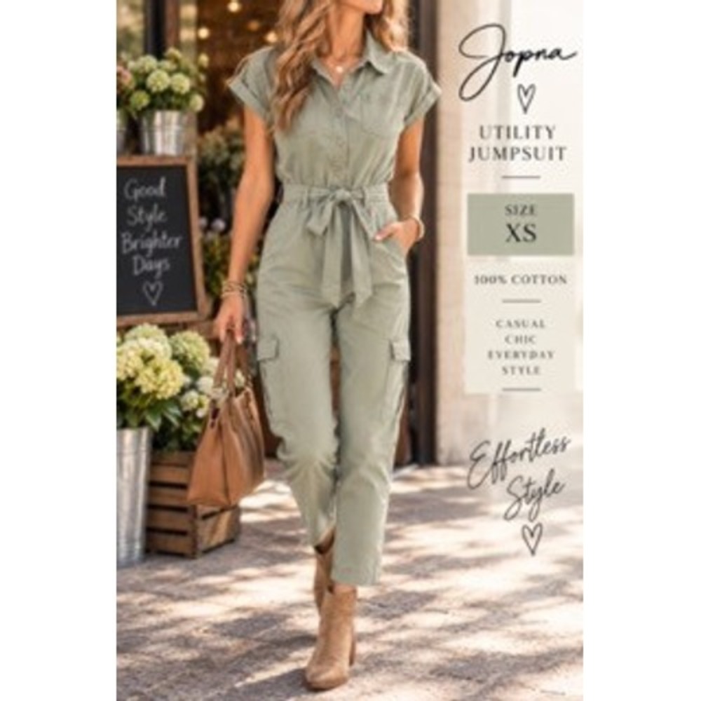Jopna Women Sage Green Utility Jumpsuit Cotton Short Sleeve Cargo XS